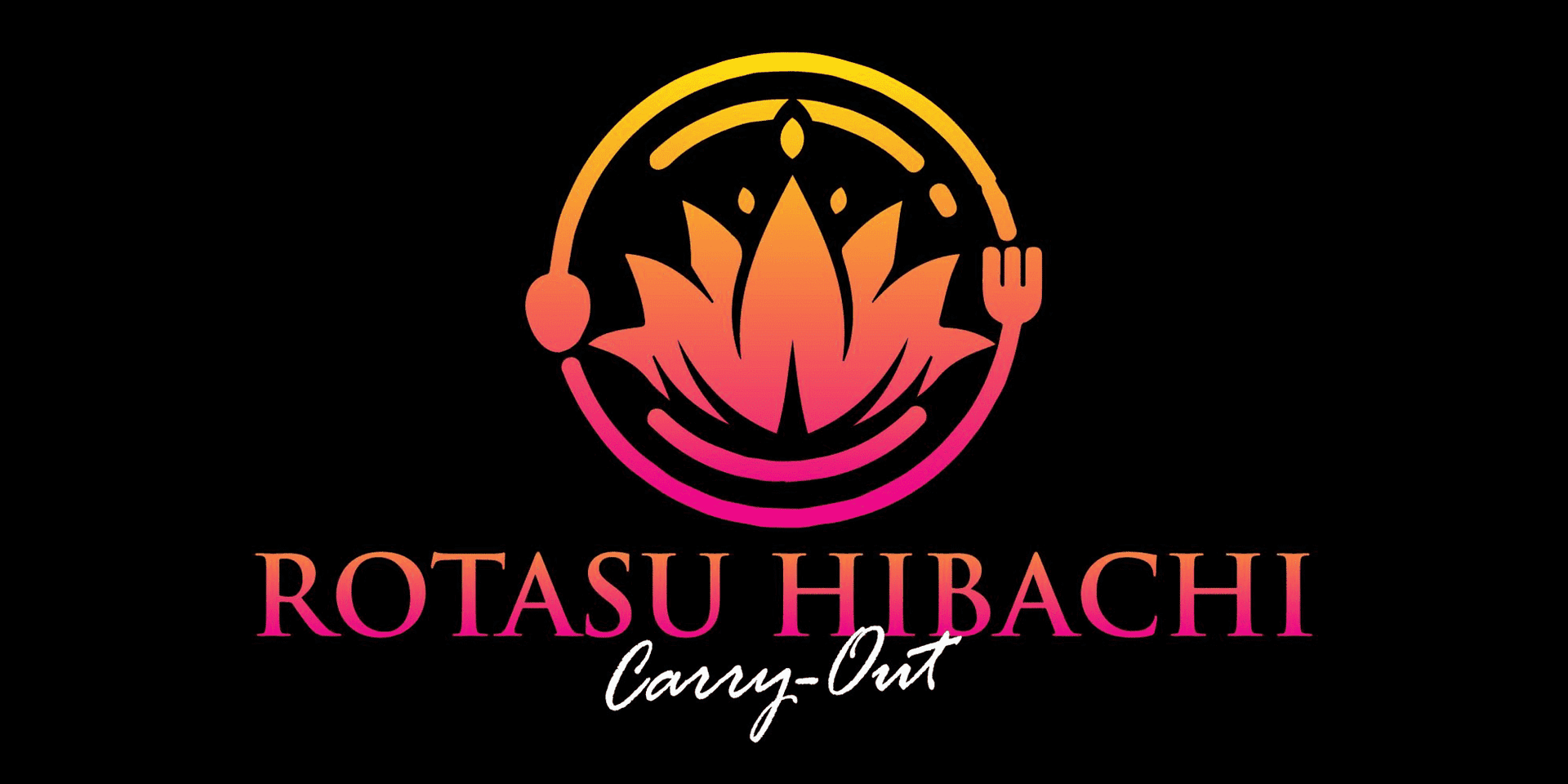 Rotasu Hibachi Carry-Out logo featuring a stylized lotus flower and dining utensils.